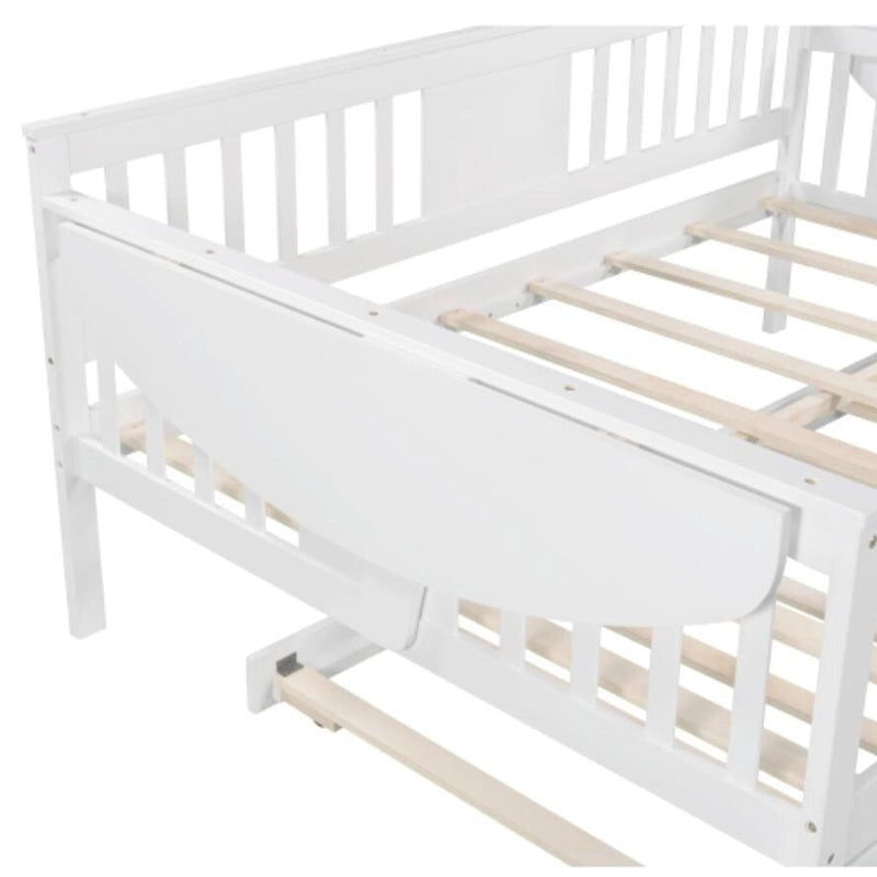 Letto da giorno matrimoniale con supporto a doghe in legno e letto estraibile singolo, bianco