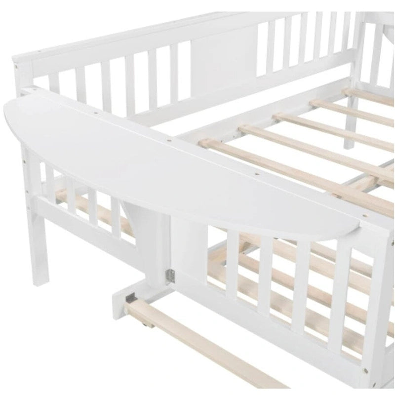 Letto da giorno matrimoniale con supporto a doghe in legno e letto estraibile singolo, bianco