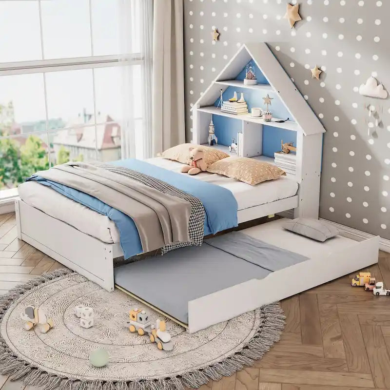Hausbett in voller Größe mit Kopfteil als Bücherregal und LED-Licht sowie ausziehbarem Bett in Twin-Größe für Kinder, Jungen und Mädchen, Rosa+Weiß