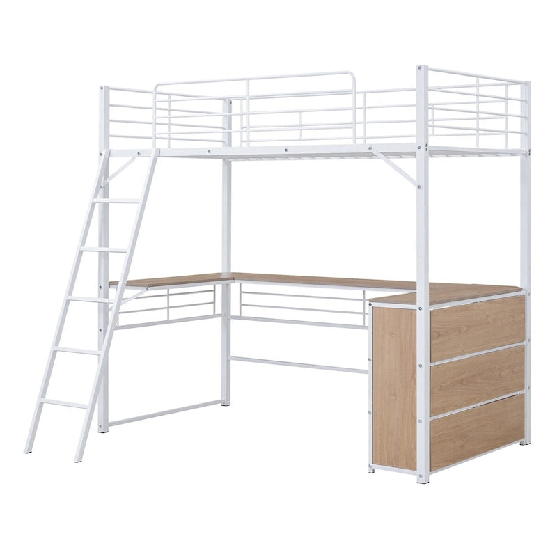 Witte metalen hoogslaper met L-vormig bureau en planken met 3 niveaus, omkeerbare ladder