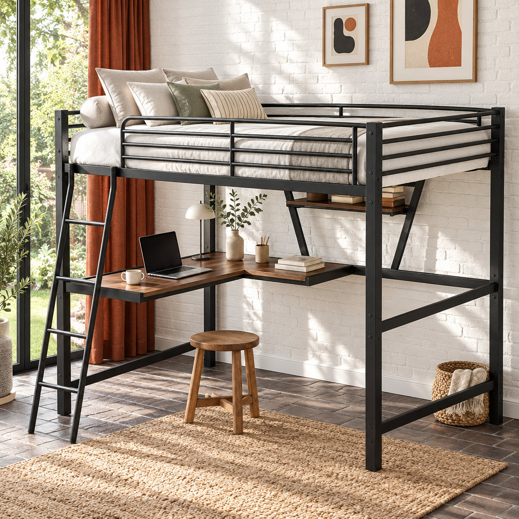 Metal Loft Bed with Integrated Desk, Shelf, and Full-Length Guardrail