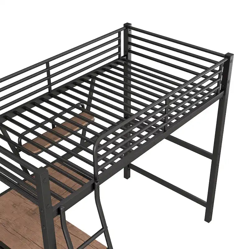 Metall-Hochbett mit integriertem Schreibtisch, Regal und durchgehendem Rausfallschutz