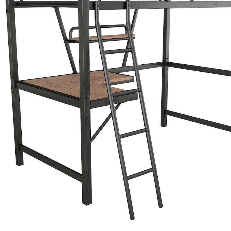 Metall-Hochbett mit integriertem Schreibtisch, Regal und durchgehendem Rausfallschutz