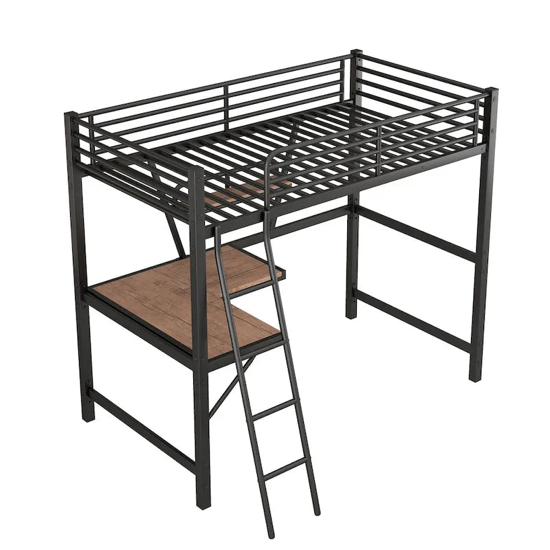 Metall-Hochbett mit integriertem Schreibtisch, Regal und durchgehendem Rausfallschutz