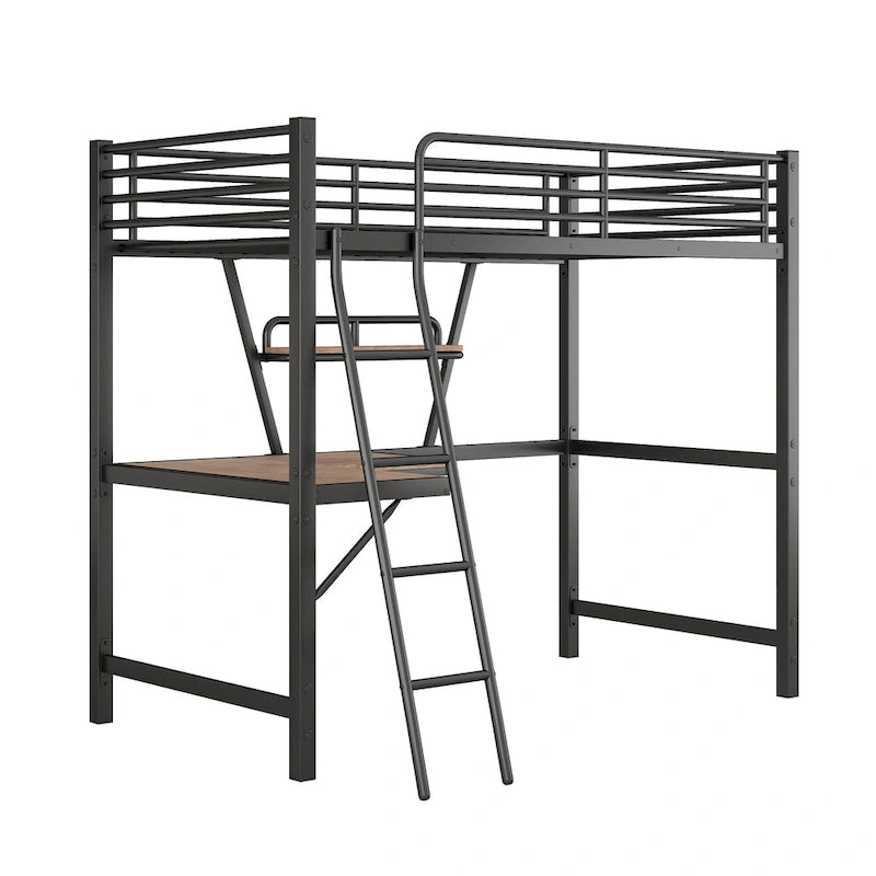 Metall-Hochbett mit integriertem Schreibtisch, Regal und durchgehendem Rausfallschutz
