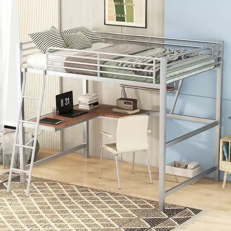 Metall-Hochbett mit integriertem Schreibtisch, Regal und durchgehendem Rausfallschutz