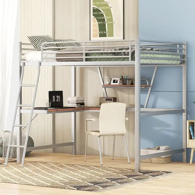 Metall-Hochbett mit integriertem Schreibtisch, Regal und durchgehendem Rausfallschutz
