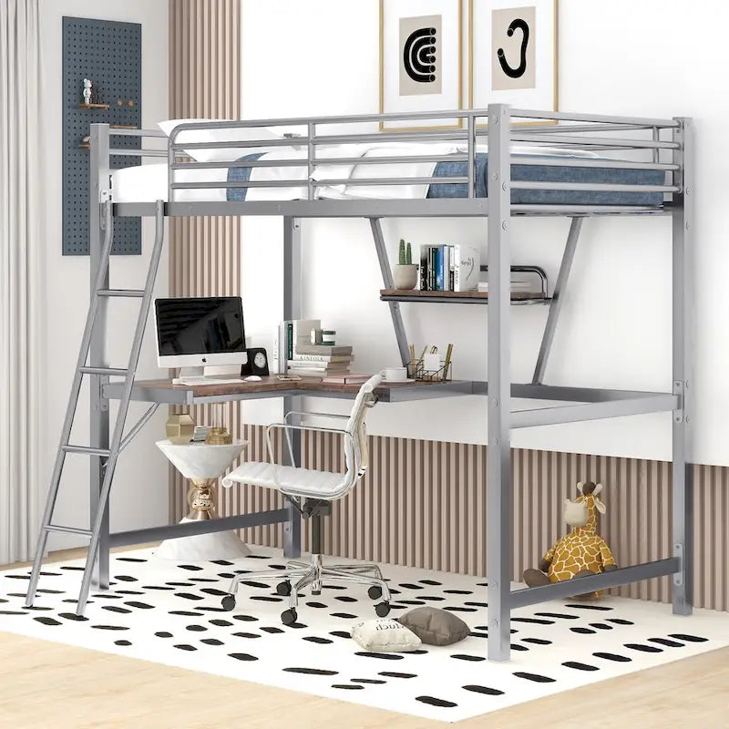 Metall-Hochbett mit integriertem Schreibtisch, Regal und durchgehendem Rausfallschutz