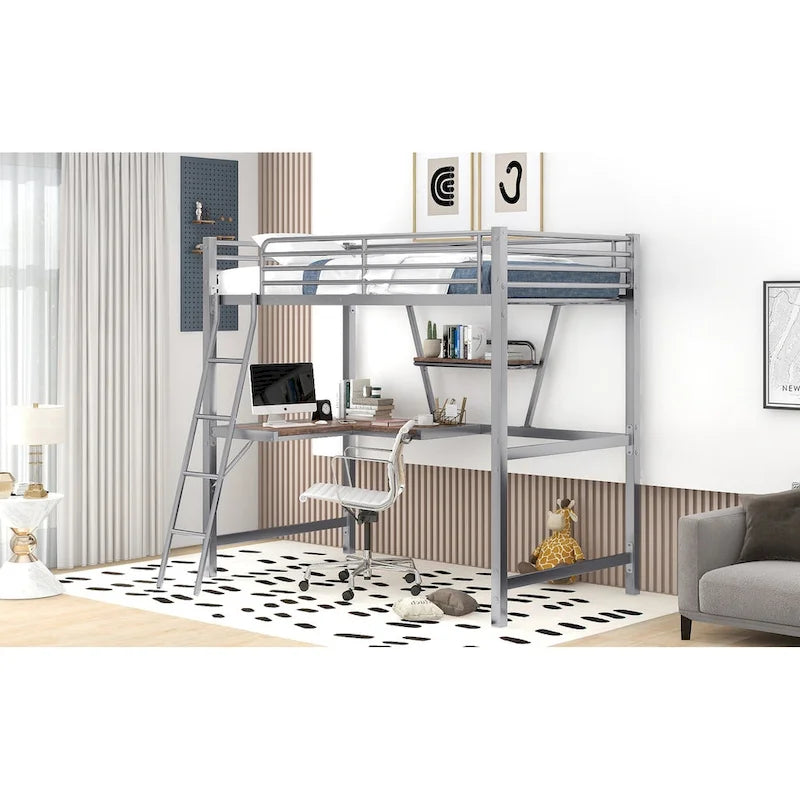Metall-Hochbett mit integriertem Schreibtisch, Regal und durchgehendem Rausfallschutz