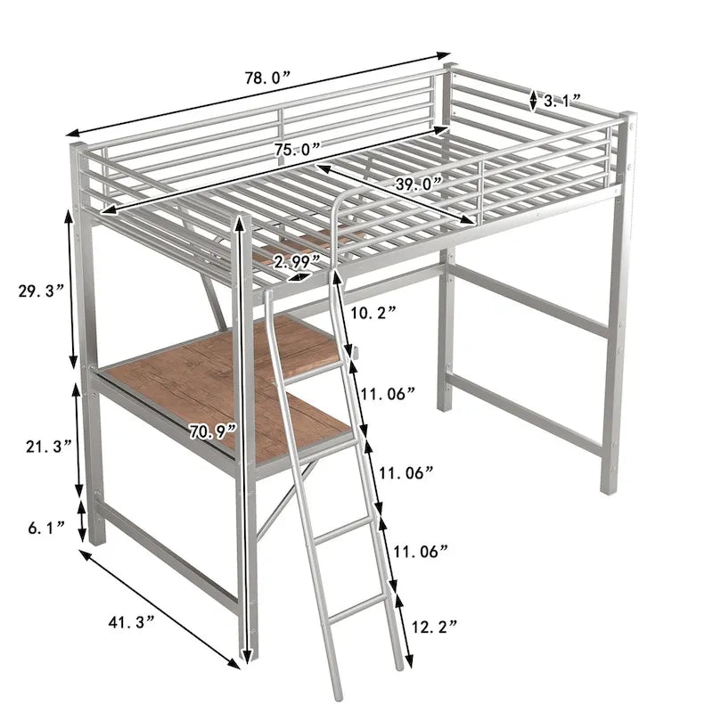 Metall-Hochbett mit integriertem Schreibtisch, Regal und durchgehendem Rausfallschutz