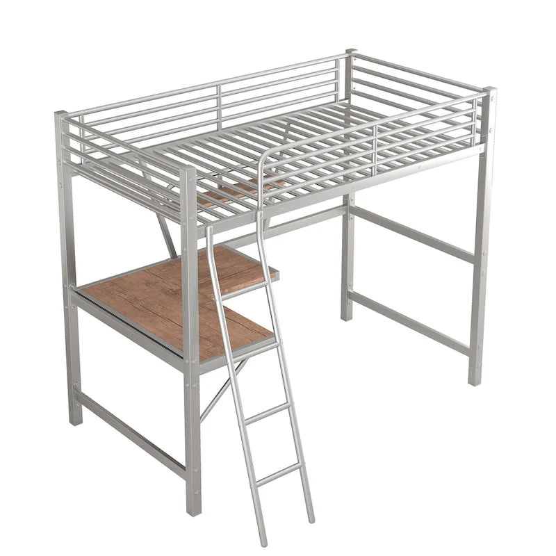 Metall-Hochbett mit integriertem Schreibtisch, Regal und durchgehendem Rausfallschutz