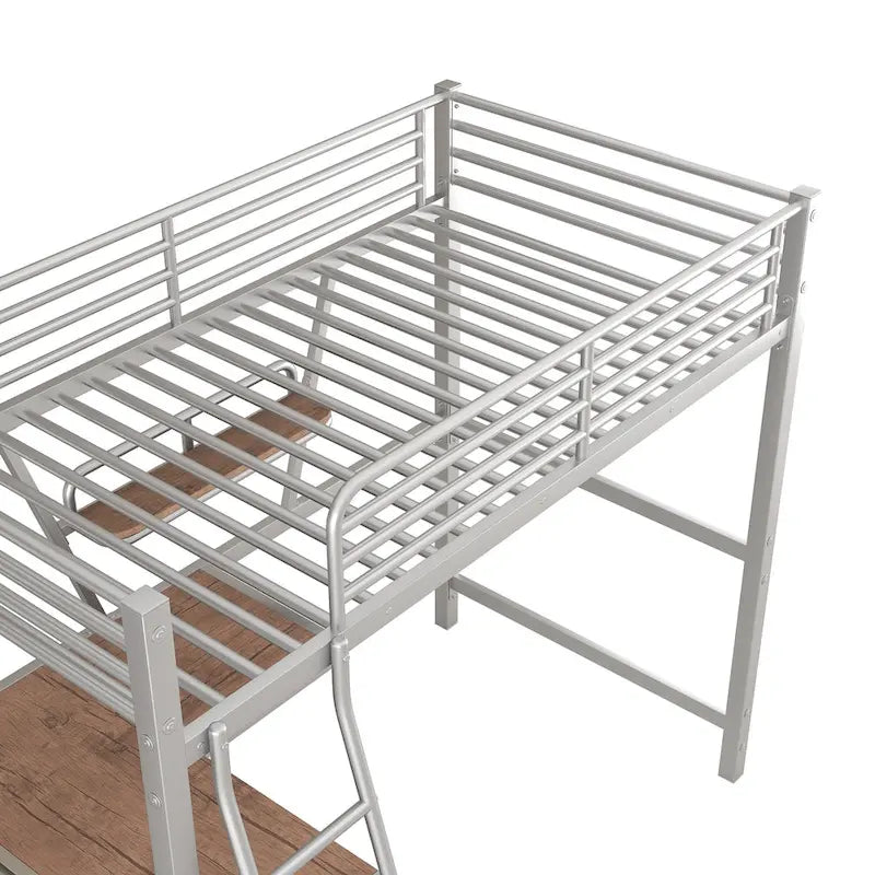 Metall-Hochbett mit integriertem Schreibtisch, Regal und durchgehendem Rausfallschutz