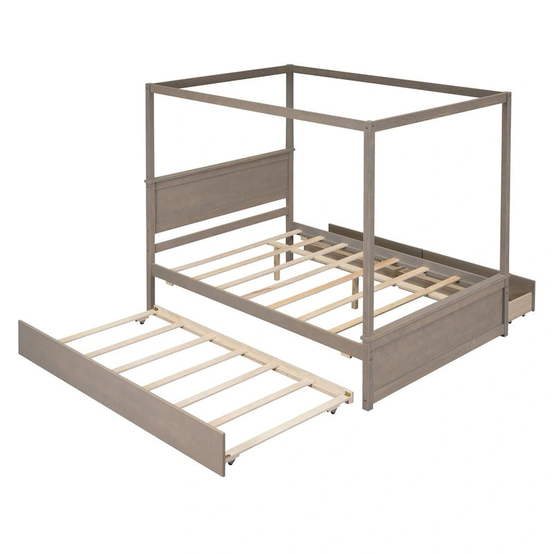 Houten hemelbed in full-size met onderschuifbed, laden en ondersteunende latten