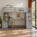 Gray Pine Loft Bed with Desk, Shelves, Storage Drawers, Storage Staircase
