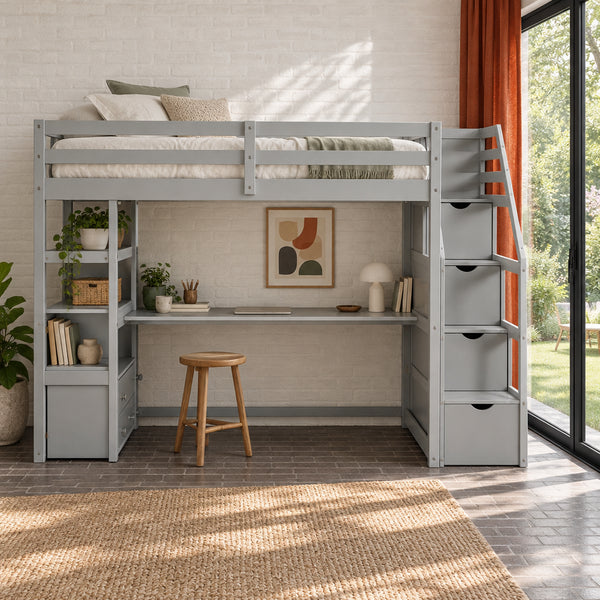 Gray Pine Loft Bed with Desk, Shelves, Storage Drawers, Storage Staircase