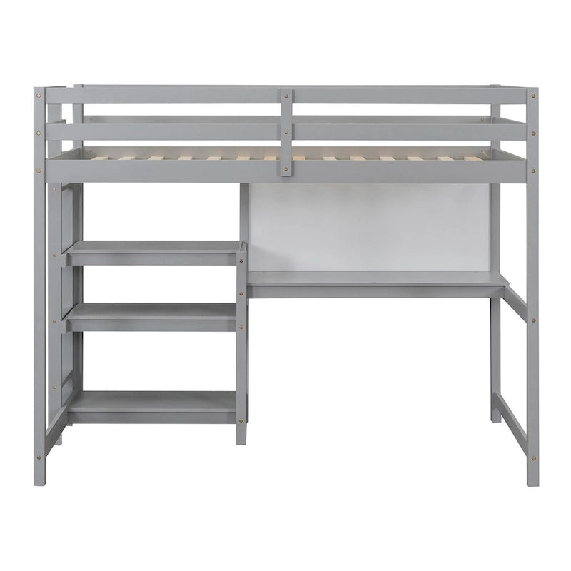 Lit mezzanine en bois 1 place avec étagères à 3 niveaux, bureau et tableau d'écriture, barrière de sécurité sur toute la longueur