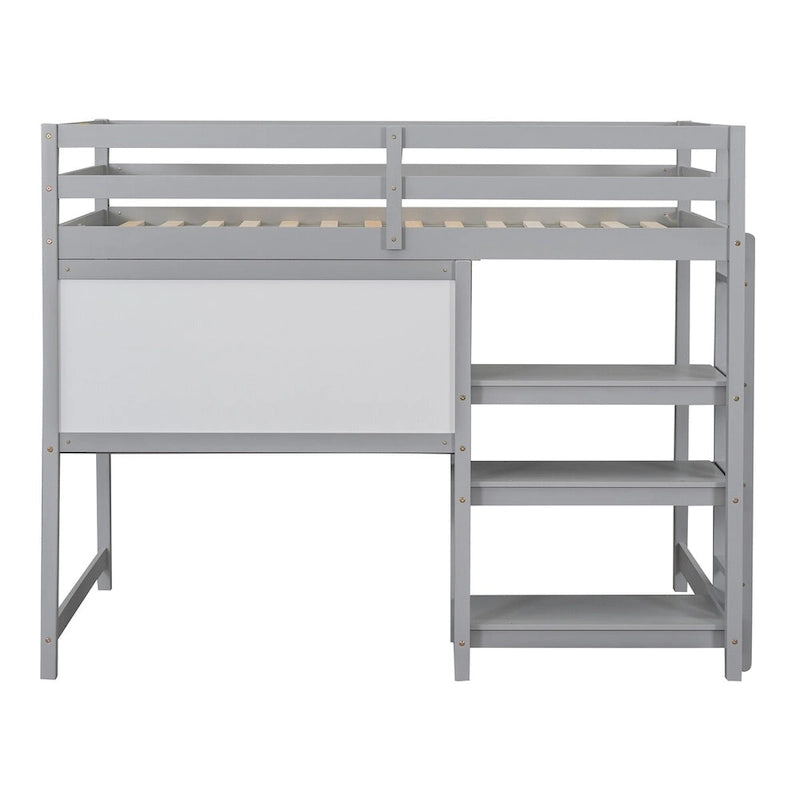Lit mezzanine en bois 1 place avec étagères à 3 niveaux, bureau et tableau d'écriture, barrière de sécurité sur toute la longueur