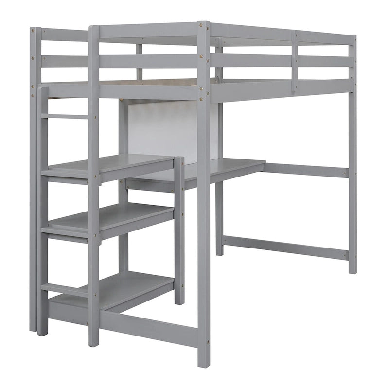 Lit mezzanine en bois 1 place avec étagères à 3 niveaux, bureau et tableau d'écriture, barrière de sécurité sur toute la longueur