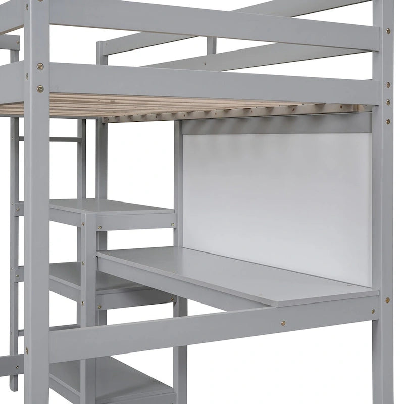 Lit mezzanine en bois 1 place avec étagères à 3 niveaux, bureau et tableau d'écriture, barrière de sécurité sur toute la longueur