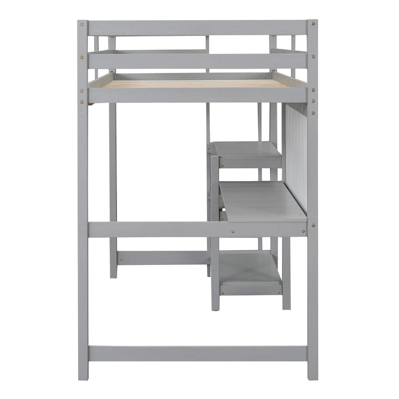 Lit mezzanine en bois 1 place avec étagères à 3 niveaux, bureau et tableau d'écriture, barrière de sécurité sur toute la longueur