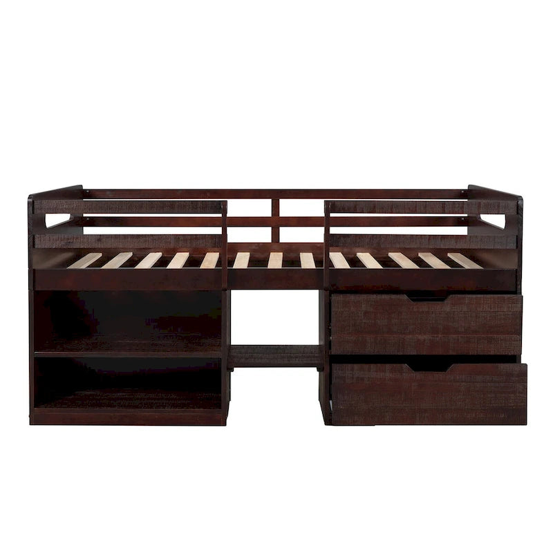 Hoogslaper in twin size van massief hout met twee planken en twee laden