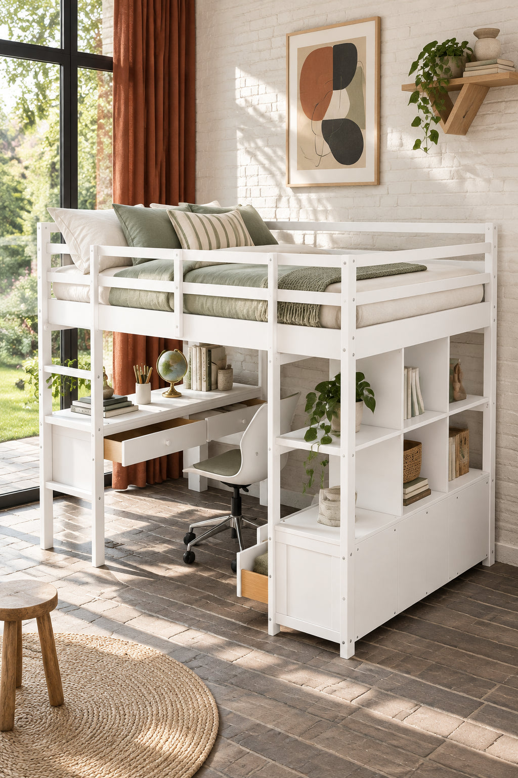Pinewood Loft Bed with Built-in Desk, Drawers, Shelves, and Storage Cabinets