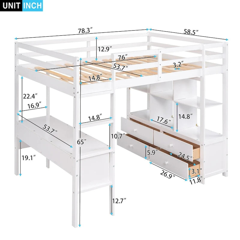 Hochbett aus Kiefernholz mit integriertem Schreibtisch, Schubladen, Regalen und Aufbewahrungsschränken