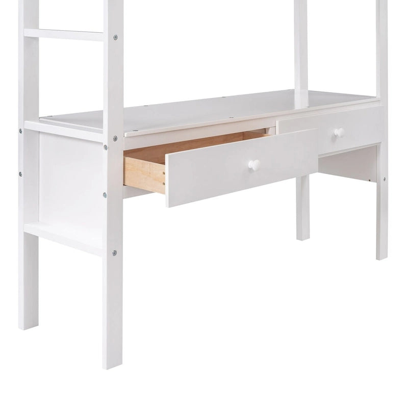 Hochbett aus Kiefernholz mit integriertem Schreibtisch, Schubladen, Regalen und Aufbewahrungsschränken