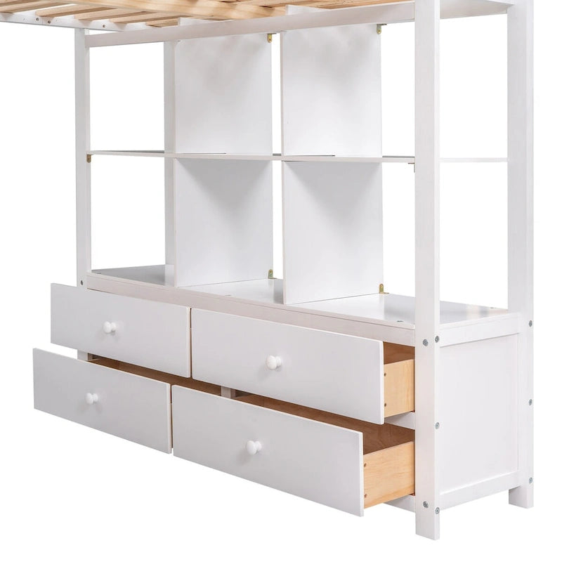 Hochbett aus Kiefernholz mit integriertem Schreibtisch, Schubladen, Regalen und Aufbewahrungsschränken