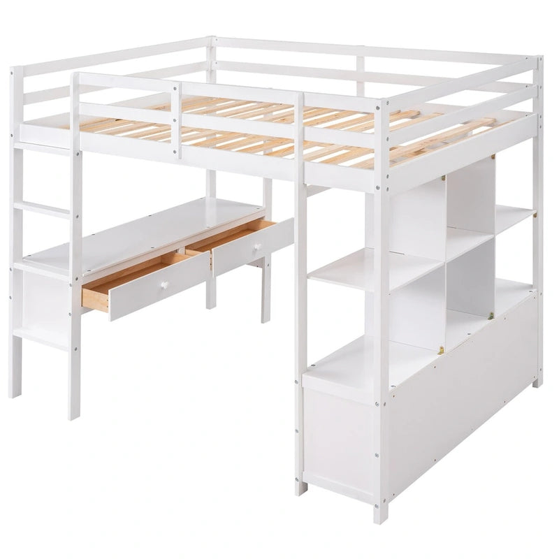 Hochbett aus Kiefernholz mit integriertem Schreibtisch, Schubladen, Regalen und Aufbewahrungsschränken