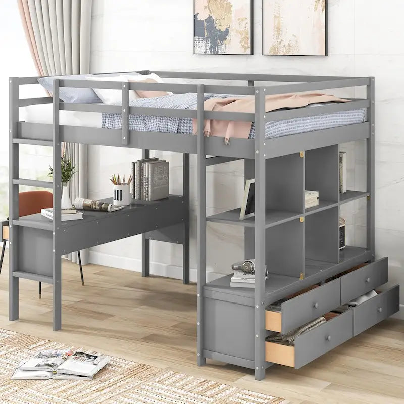 Hochbett aus Kiefernholz mit integriertem Schreibtisch, Schubladen, Regalen und Aufbewahrungsschränken