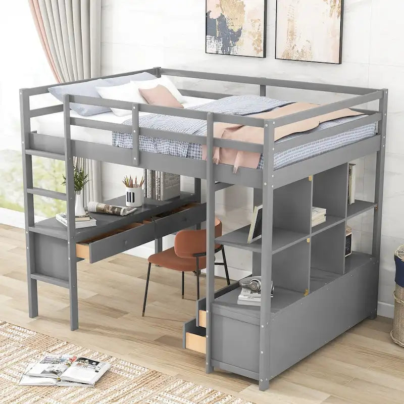 Hochbett aus Kiefernholz mit integriertem Schreibtisch, Schubladen, Regalen und Aufbewahrungsschränken