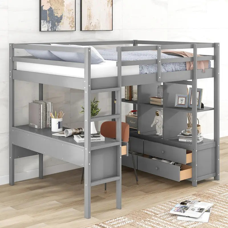 Hochbett aus Kiefernholz mit integriertem Schreibtisch, Schubladen, Regalen und Aufbewahrungsschränken