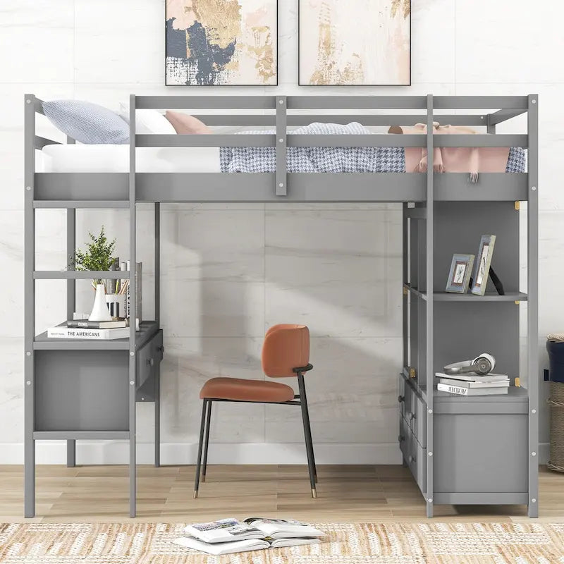 Hochbett aus Kiefernholz mit integriertem Schreibtisch, Schubladen, Regalen und Aufbewahrungsschränken