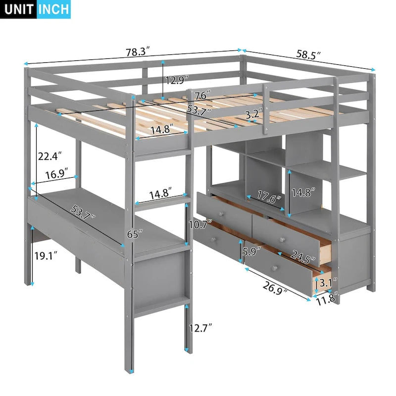 Hochbett aus Kiefernholz mit integriertem Schreibtisch, Schubladen, Regalen und Aufbewahrungsschränken