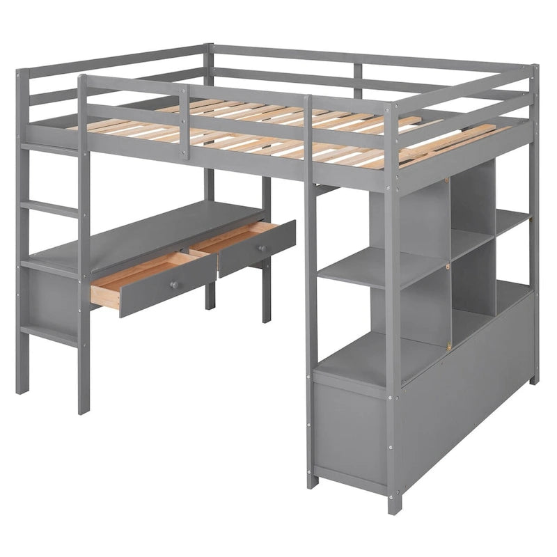 Hochbett aus Kiefernholz mit integriertem Schreibtisch, Schubladen, Regalen und Aufbewahrungsschränken
