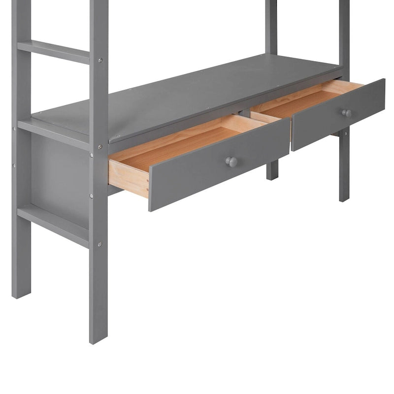 Hochbett aus Kiefernholz mit integriertem Schreibtisch, Schubladen, Regalen und Aufbewahrungsschränken