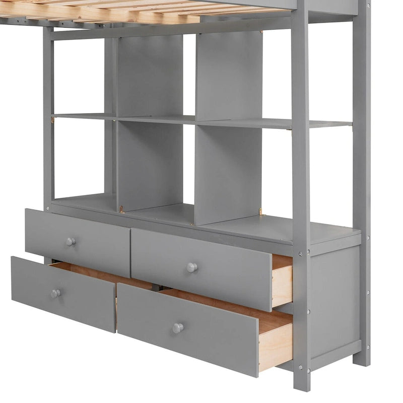 Hochbett aus Kiefernholz mit integriertem Schreibtisch, Schubladen, Regalen und Aufbewahrungsschränken