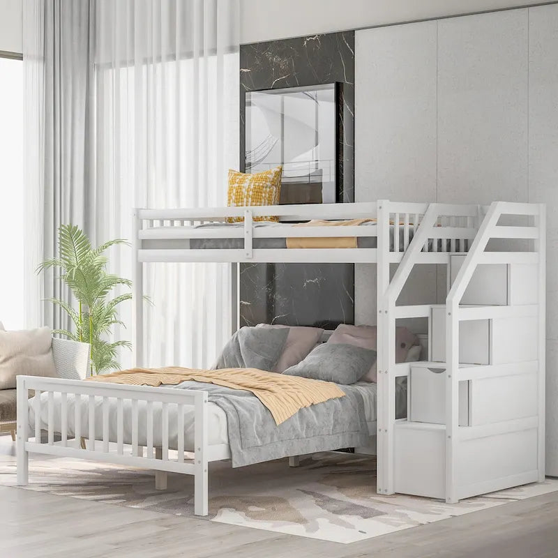 Twin Over Full Loft Beds, Bunk Beds Twin Over Full with Stairway and Storage, Full-Length Guardrail