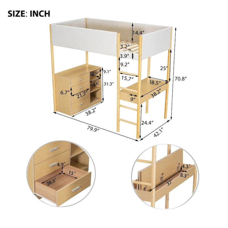 Houten hoogslaper voor twee personen, bekleed met teddyfleece