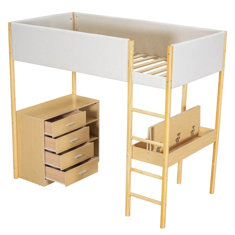 Letto a soppalco singolo in legno con rivestimento in tessuto Teddy