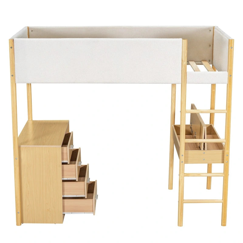 Letto a soppalco singolo in legno con rivestimento in tessuto Teddy