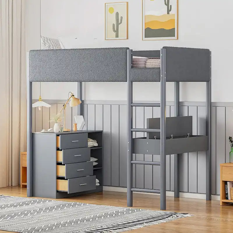Letto a soppalco singolo in legno con rivestimento in tessuto Teddy