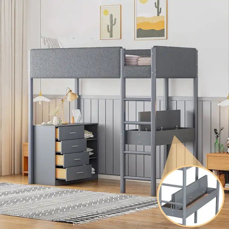 Letto a soppalco singolo in legno con rivestimento in tessuto Teddy