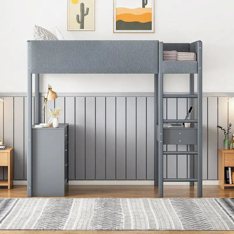 Letto a soppalco singolo in legno con rivestimento in tessuto Teddy