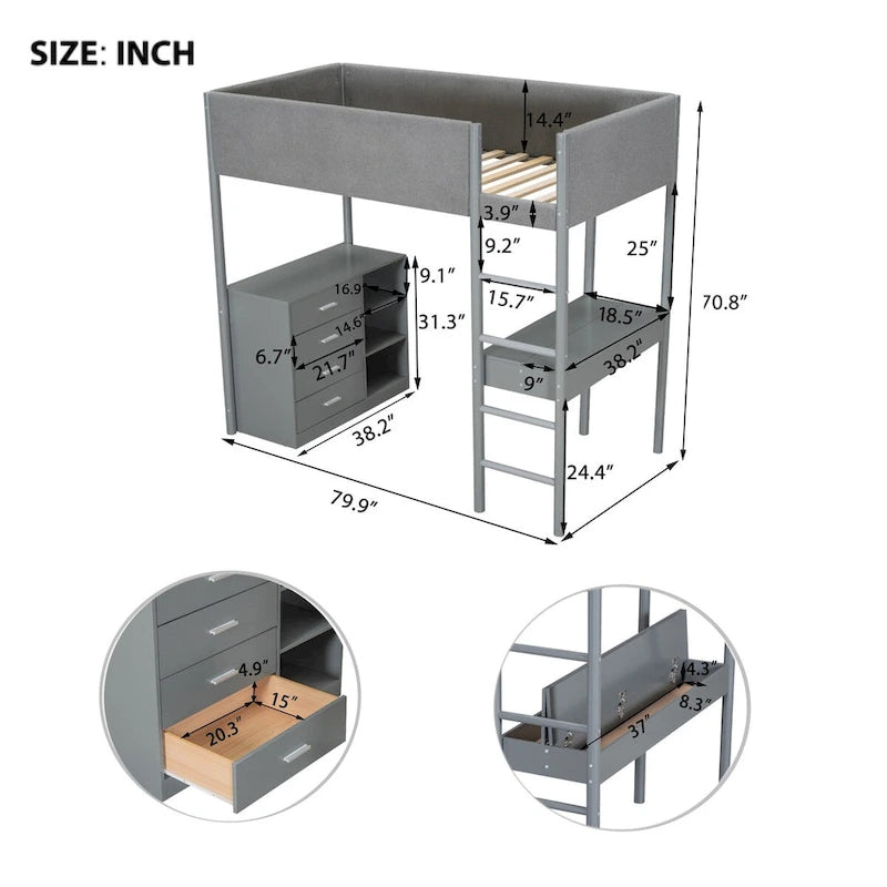 Letto a soppalco singolo in legno con rivestimento in tessuto Teddy