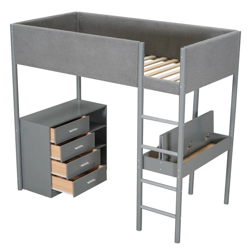 Letto a soppalco singolo in legno con rivestimento in tessuto Teddy