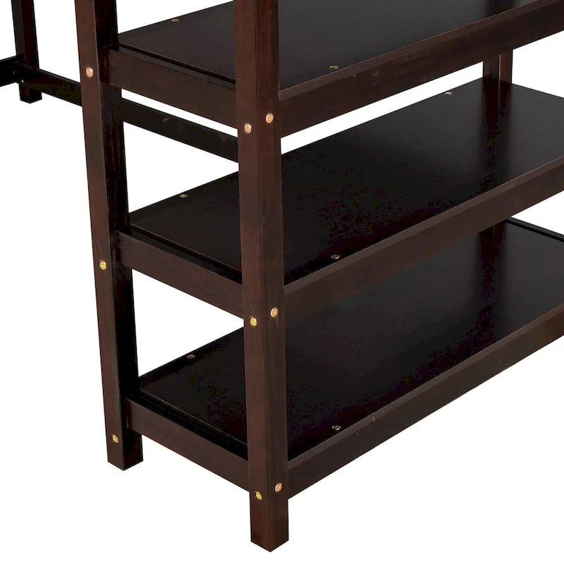 Espressofarbenes Hochbett aus Massivholz mit integriertem Schreibtisch, Ablageregalen und stabilen Sicherheitsgeländern