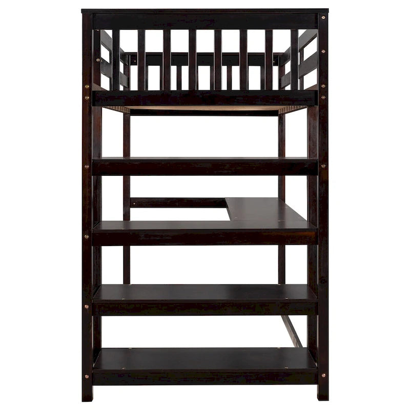 Espressofarbenes Hochbett aus Massivholz mit integriertem Schreibtisch, Ablageregalen und stabilen Sicherheitsgeländern