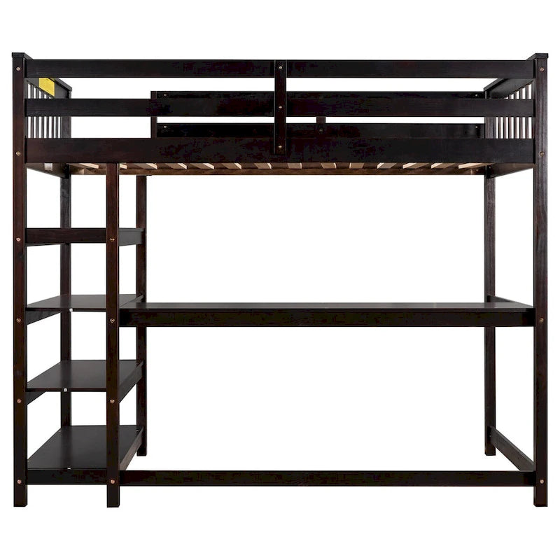 Espressofarbenes Hochbett aus Massivholz mit integriertem Schreibtisch, Ablageregalen und stabilen Sicherheitsgeländern